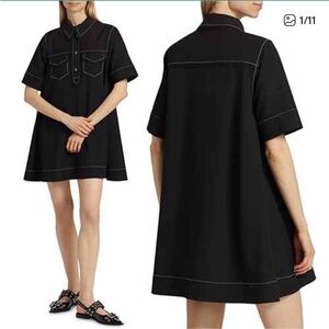 Ganni Sable Topstitch Crepe Swing Spread Collar Button Mini Dress Black